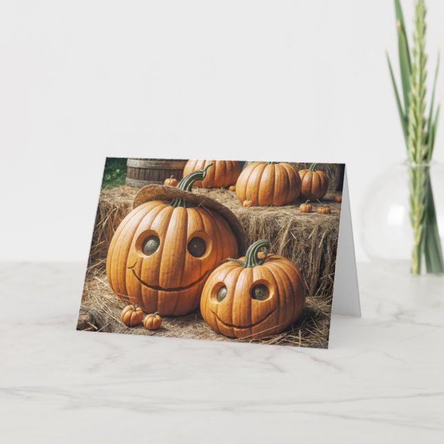 Happy Fall Pumpkins On Hay Bales Card (Front)