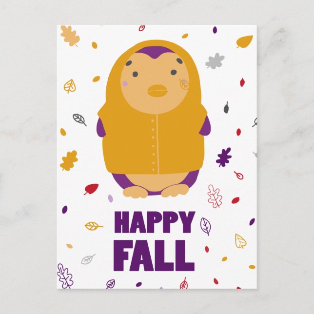 Happy Fall Purple Penguin Postcard (Front)