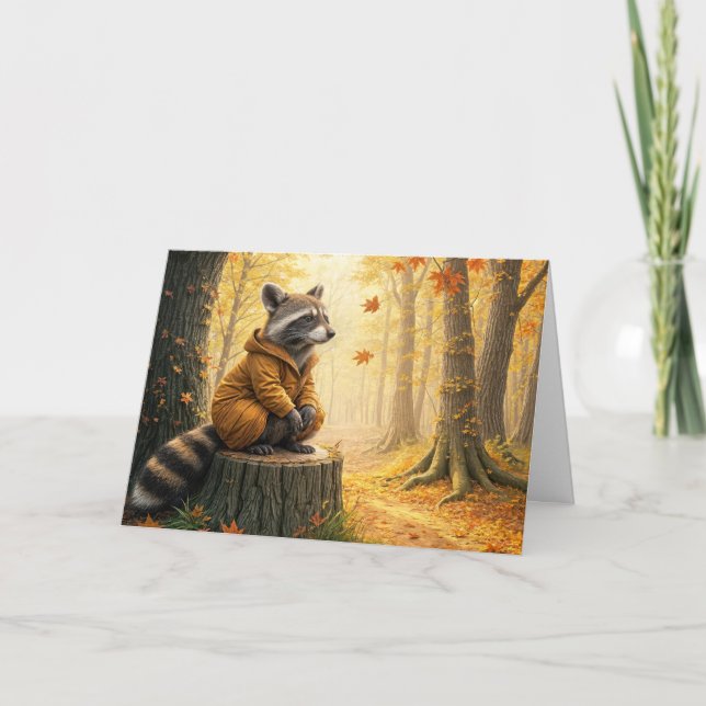 Happy Fall Racoon On a Tree Stump Card (Front)