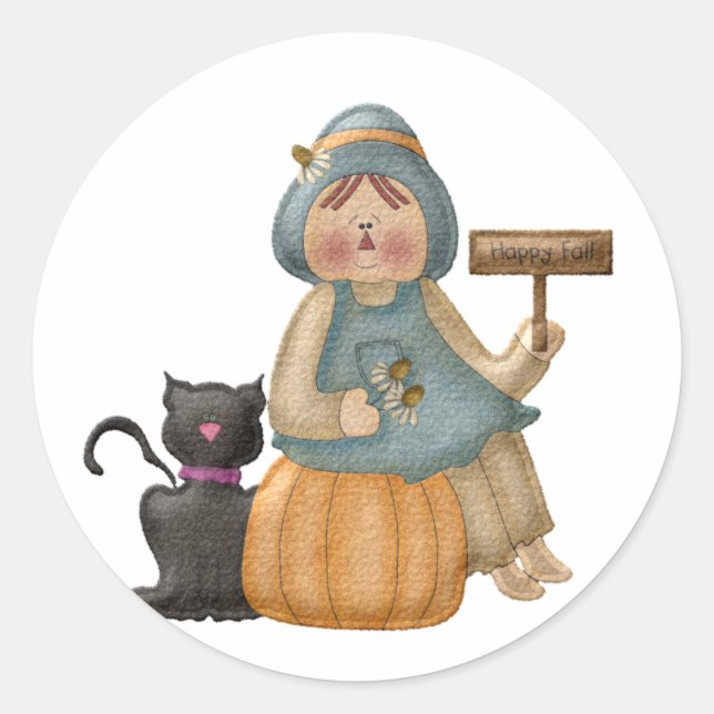 Happy Fall Scarecrow Classic Round Sticker (Front)