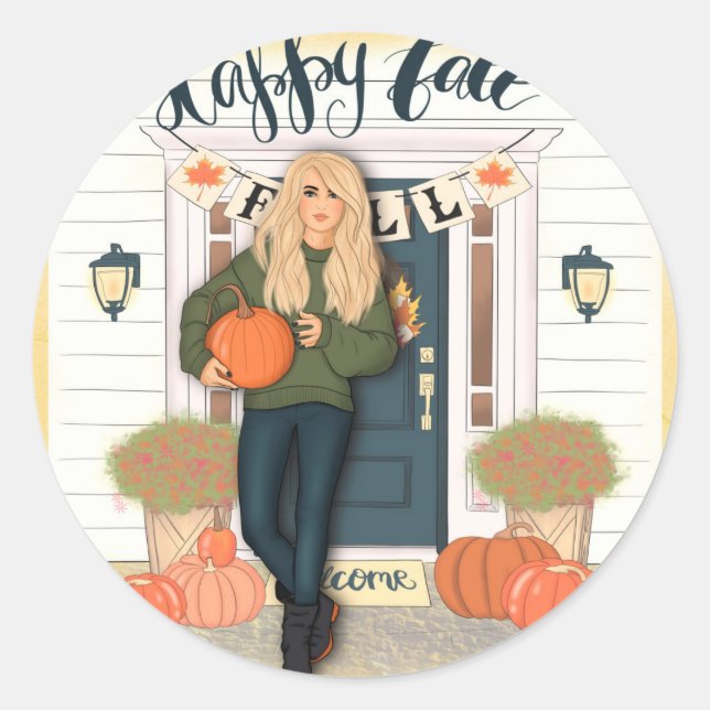 Happy Fall Scene Classic Round Sticker (Front)