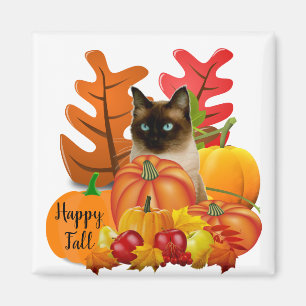 Happy Fall Siamese Cat in Pumpkin Patch Fridge Magnet
