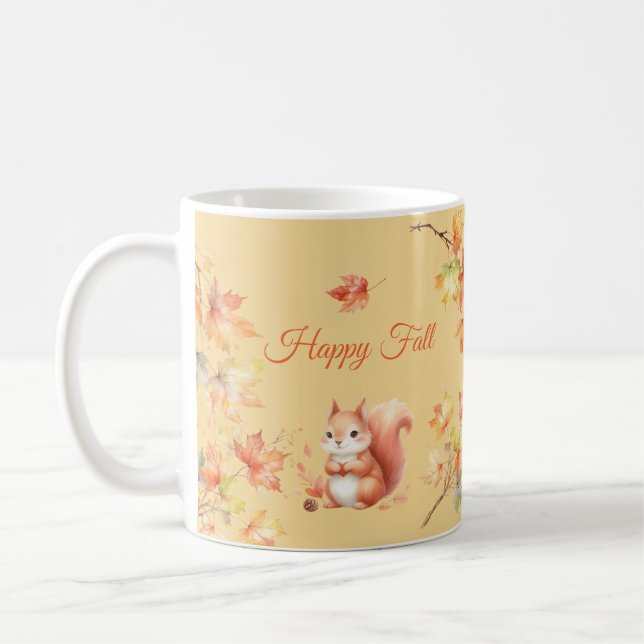 Happy Fall Squirrel in Leaves Coffee Mug (Left)