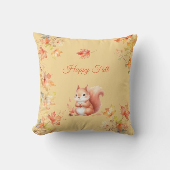 Happy Fall Squirrel in Leaves Cushion (Front)