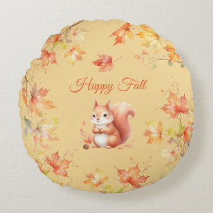 Happy Fall Squirrel in Leaves Round Cushion