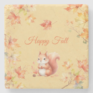 Happy Fall Squirrel in Leaves Stone Coaster