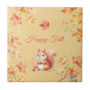 Happy Fall Squirrel in Leaves Tile