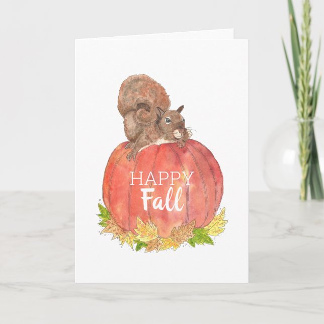 Happy Fall Squirrel on Pumpkin Card (Front)