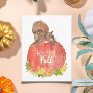 Happy Fall Squirrel on Pumpkin Postcard