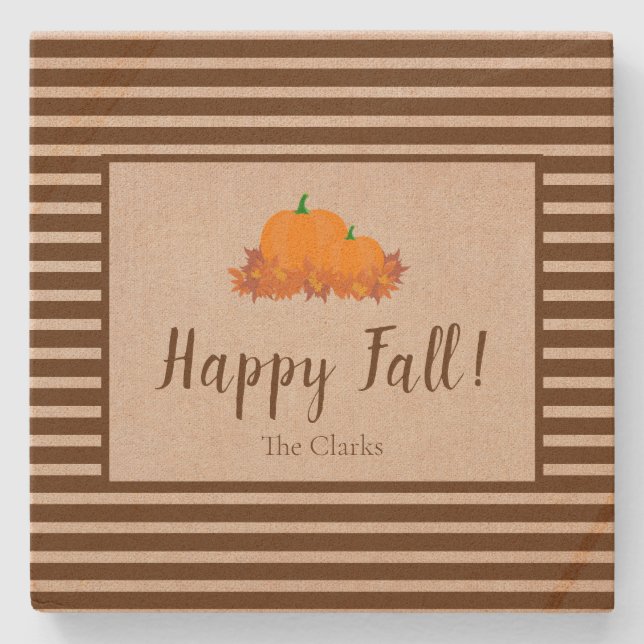 Happy Fall Striped Family Last Name Pumpkin Stone Coaster (Front)