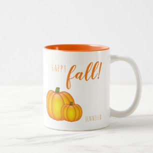 Happy Fall Text And Pumpkins Personalizable Name Two-Tone Coffee Mug