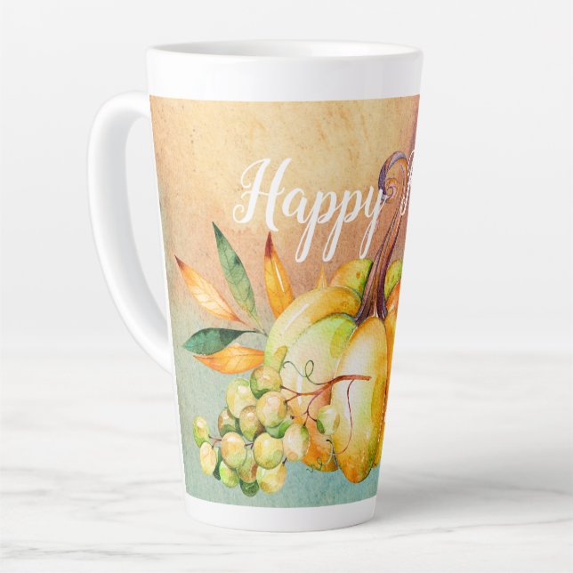 Happy Fall, Thanksgiving Pumpkin with Grapes Latte Mug (Left Angle)