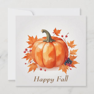 Happy Fall Watercolor Pumpkin, Berries, Leaves Holiday Card