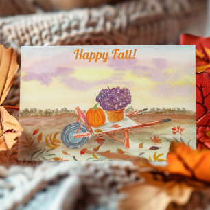 Happy Fall Watercolor Pumpkin, Mums, Wheel Barrow Postcard