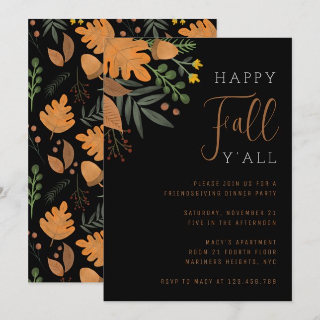 Happy Fall Y’all Autumn Leaves Thanksgiving Dinner Invitation (Front/Back)