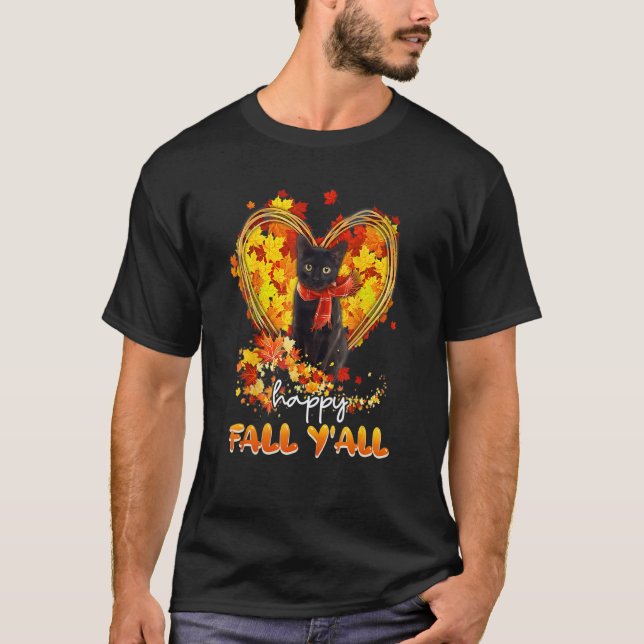 Happy Fall Y all Cute Cat Kitty Kitten Paw  Autumn T-Shirt (Front)