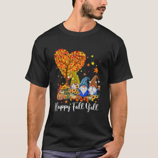Happy Fall Y All Gnome Leopard Pumpkin Funny T-Shirt (Front)