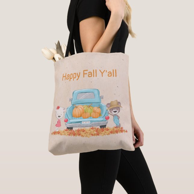 Happy Fall Y'all Autumn Bear Pumpkins in Truck Tote Bag (Close Up)