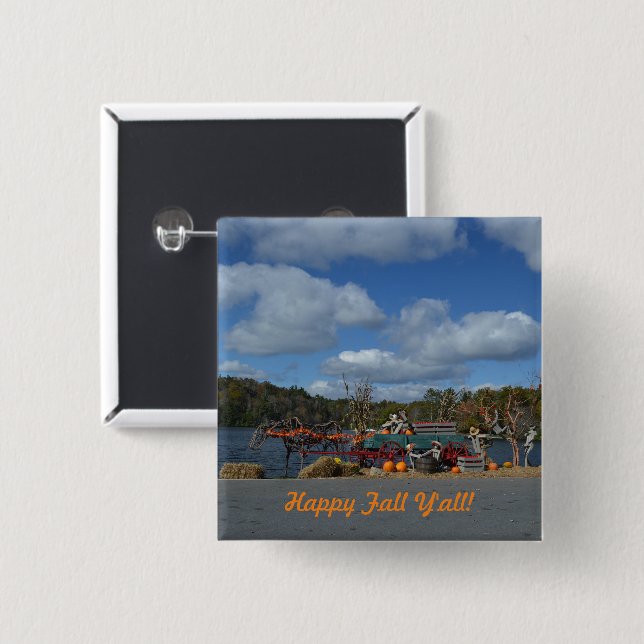 Happy Fall Y'all Autumn Display By Water 15 Cm Square Badge (Front & Back)