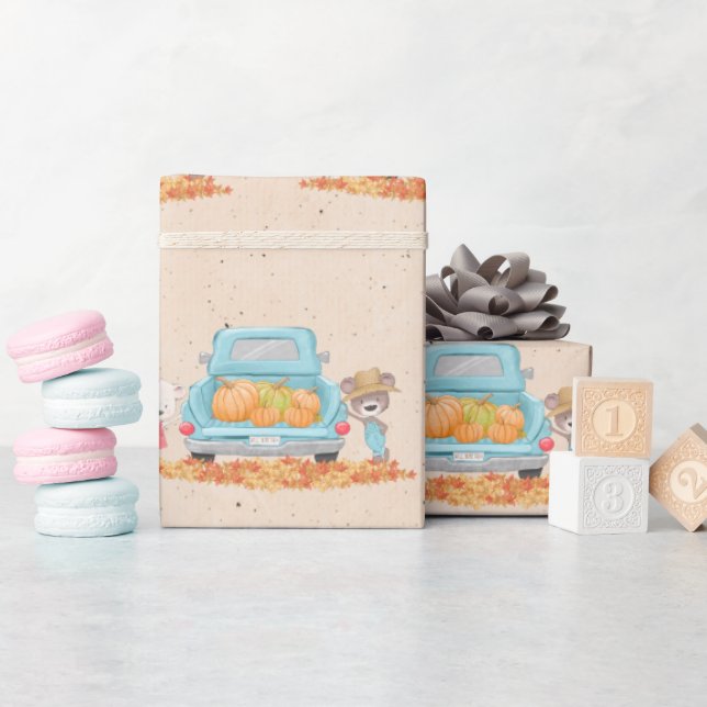 Happy Fall Y'all Autumn Theme Bears Pumpkin Truck Wrapping Paper (Baby Shower)
