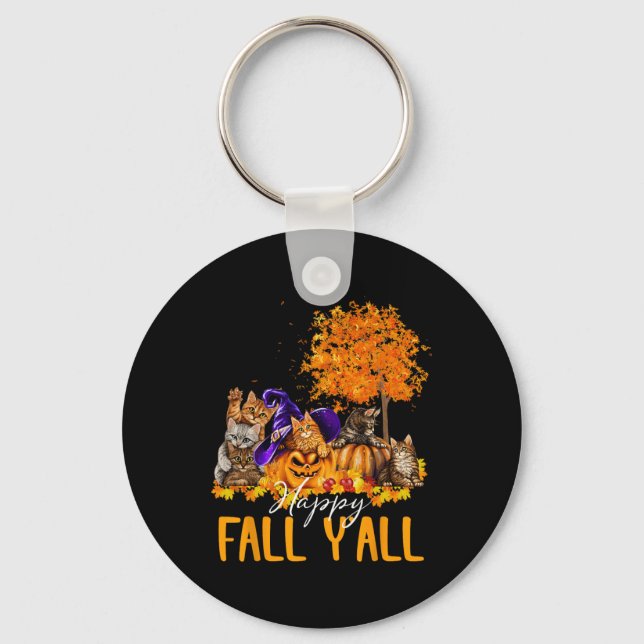 Happy Fall Y'all Cats Lover Autumn Pumpkin Maple H Key Ring (Front)