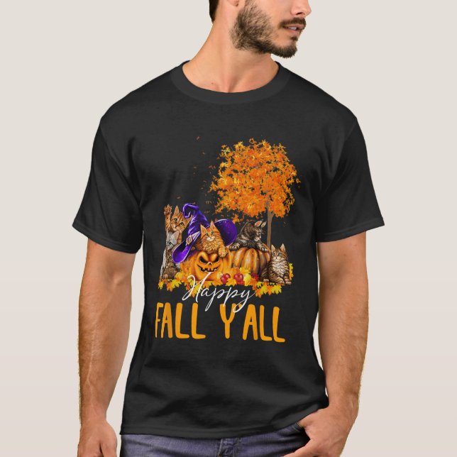 Happy Fall Y'all Cats Lover Autumn Pumpkin Maple H T-Shirt (Front)