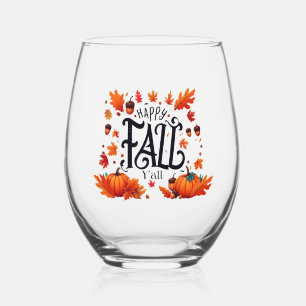 Happy Fall Y'all classic Stemless Wine Glass