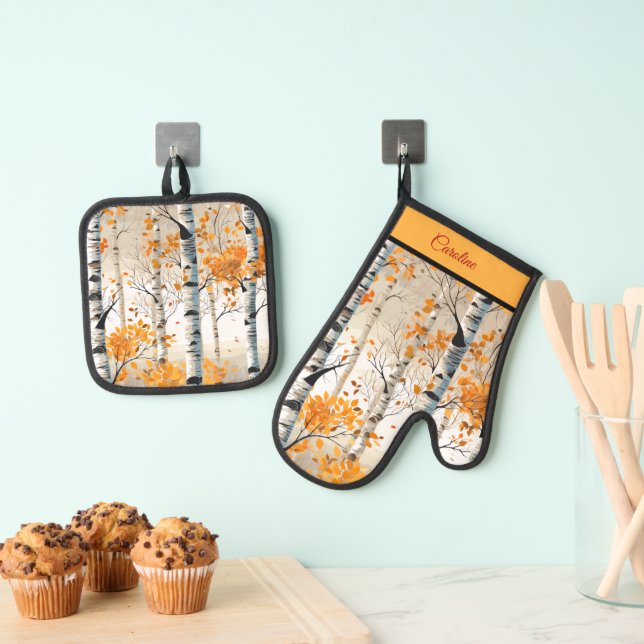 Happy Fall Y'All - Colourful Birch Tree Foliage Oven Mitt & Pot Holder Set (Insitu(Hanging))