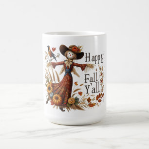 Happy Fall Yall Cute Scarecrow and Autumn Foliage Coffee Mug