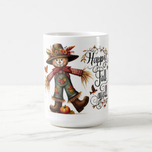 Happy Fall Yall Cute Scarecrow and Autumn Foliage Coffee Mug