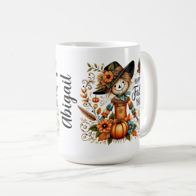 Happy Fall Yall Cute Scarecrow and Autumn Foliage Coffee Mug (Front Right)