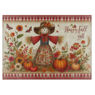 Happy Fall Ya'll Cute Scarecrow and Autumn Harvest Cutting Board