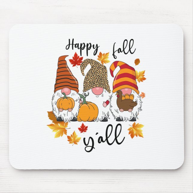 Happy Fall Y'all Cute Three Gnomes Leopard Pumpkin Mouse Mat (Front)