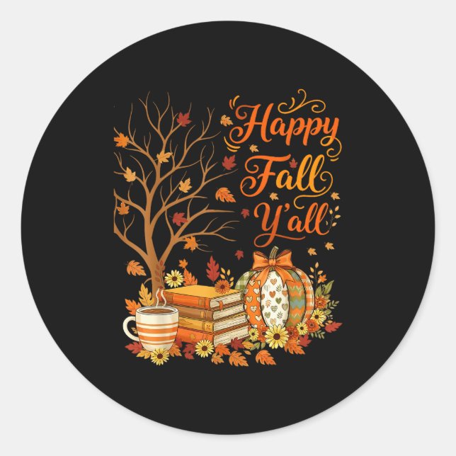 Happy Fall Y'all Floral Pumpkin Autumn Coffee  Classic Round Sticker (Front)
