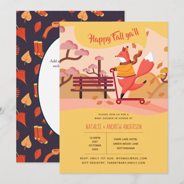 Happy Fall Ya'll Fox Hygge Folk Art Baby Shower Invitation (Front/Back)