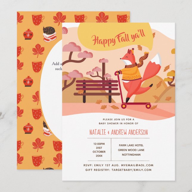 Happy Fall Ya'll Fox Hygge Folk Art Baby Shower Invitation (Front/Back)