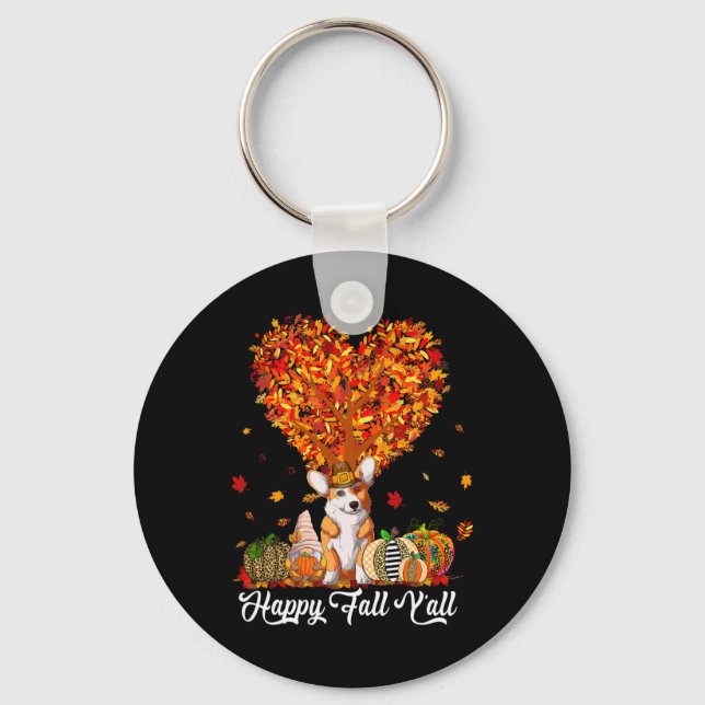 Happy Fall Y'all Funny Corgi Autumn Pumpkins  Key Ring (Front)