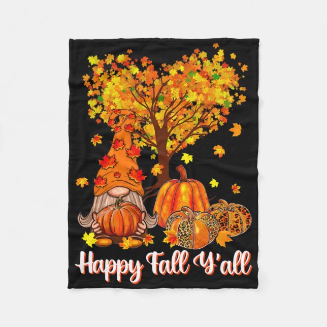 Happy Fall Y'all Funny Gnome Leopard Pumpkin Autum Fleece Blanket (Front)