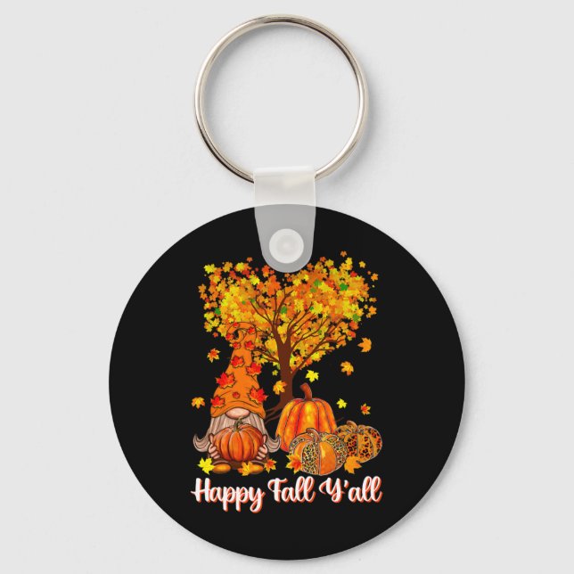 Happy Fall Y'all Funny Gnome Leopard Pumpkin Autum Key Ring (Front)