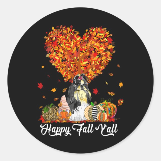 Happy Fall Y'all Funny Shih Tzu Autumn Pumpkins  Classic Round Sticker (Front)