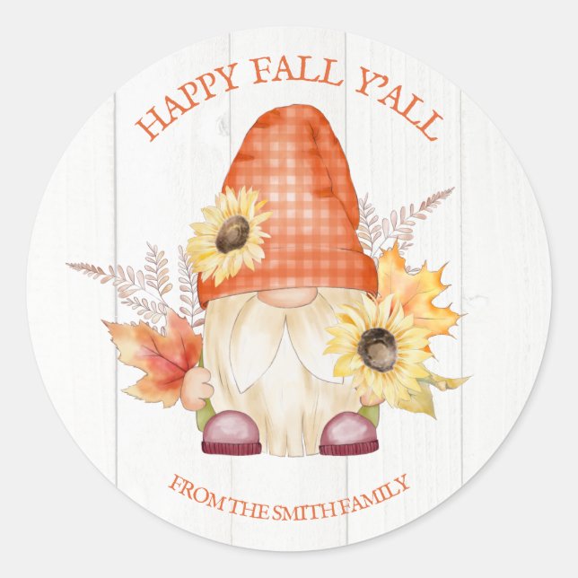 Happy Fall Y'All Gnome  Classic Round Sticker (Front)