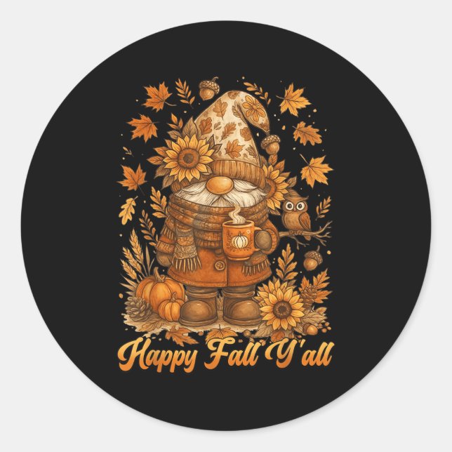 Happy Fall Y'all Gnome Pumpkin Autumn Thanksgiving Classic Round Sticker (Front)