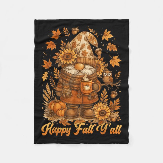 Happy Fall Y'all Gnome Pumpkin Autumn Thanksgiving Fleece Blanket (Front)