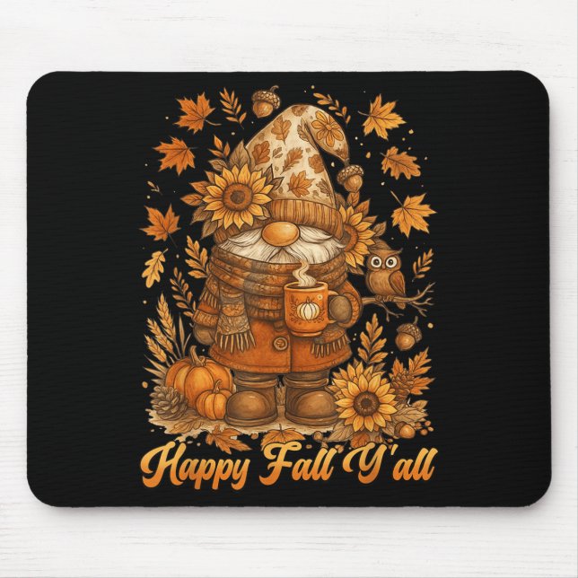 Happy Fall Y'all Gnome Pumpkin Autumn Thanksgiving Mouse Mat (Front)