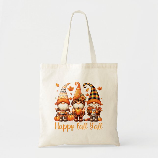 Happy Fall Y'all Gnome Pumpkin Autumn Thanksgiving Tote Bag (Front)