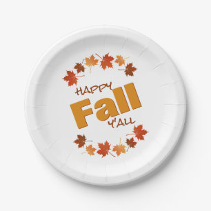 happy fall y'all greeting autumn maple leaves paper plate