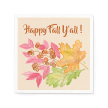 Happy Fall Y'all Leaves and Berries Paper Napkin