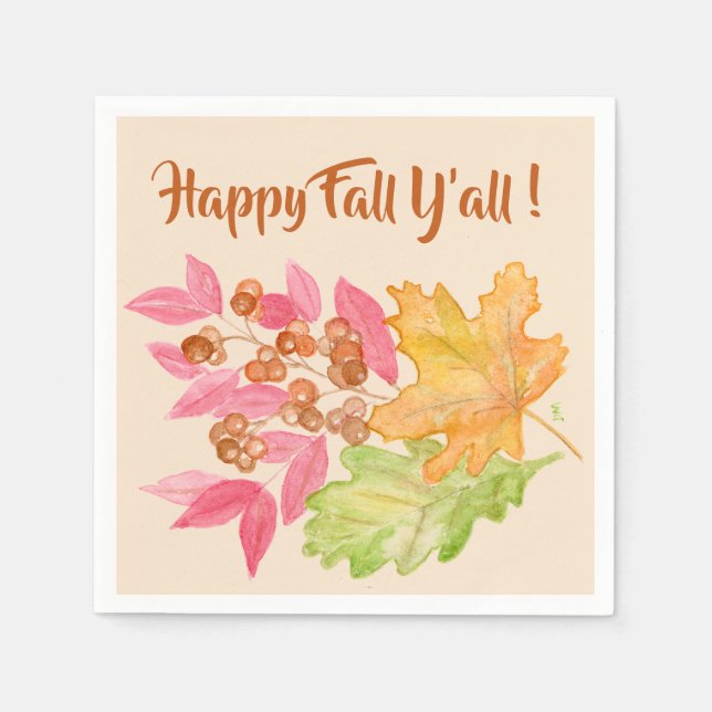 Happy Fall Y'all Leaves and Berries Paper Napkin (Front)