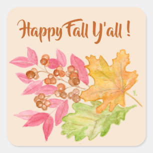Happy Fall Y'all Leaves and Berries Paper Square Sticker