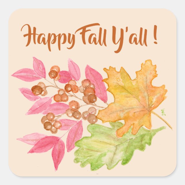 Happy Fall Y'all Leaves and Berries Paper Square Sticker (Front)